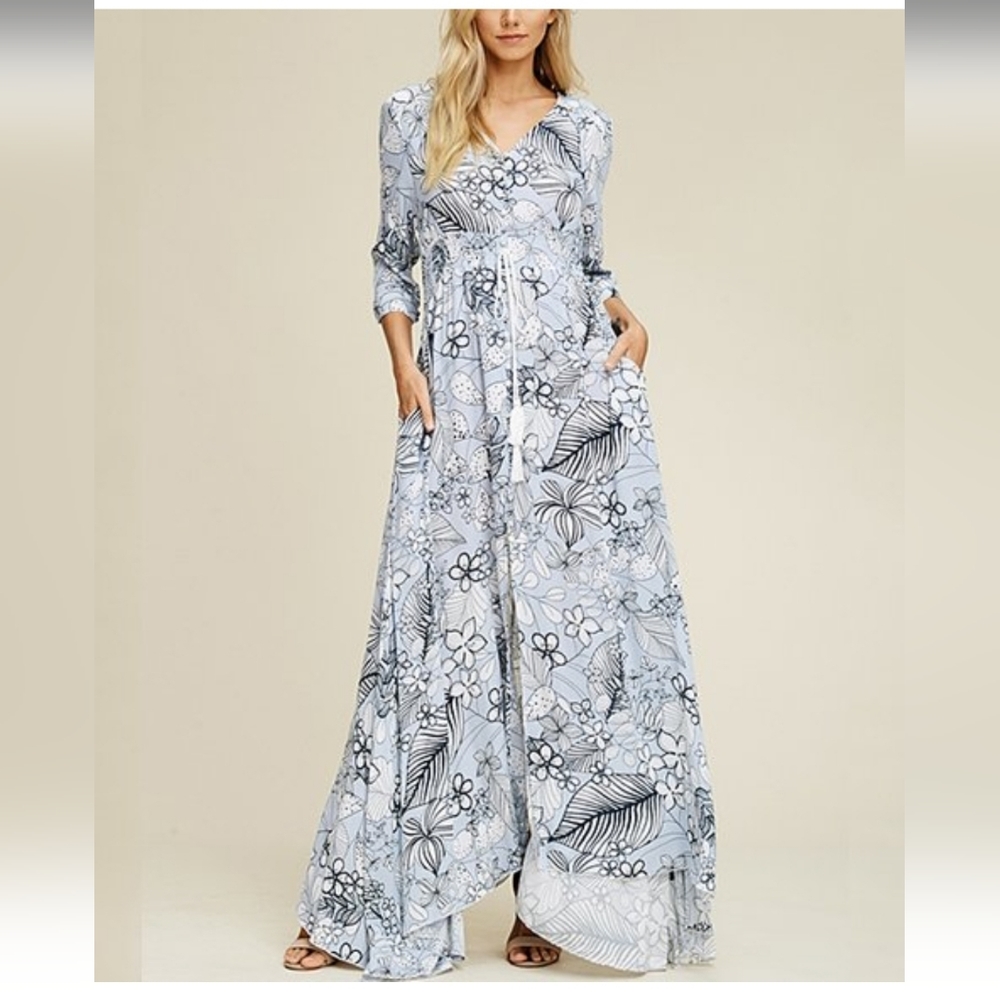 NWOT Dusty Blue Floral Maxi Dress